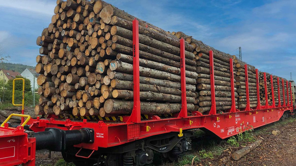 Ein mit Rundholz beladener Güterzugwagon
