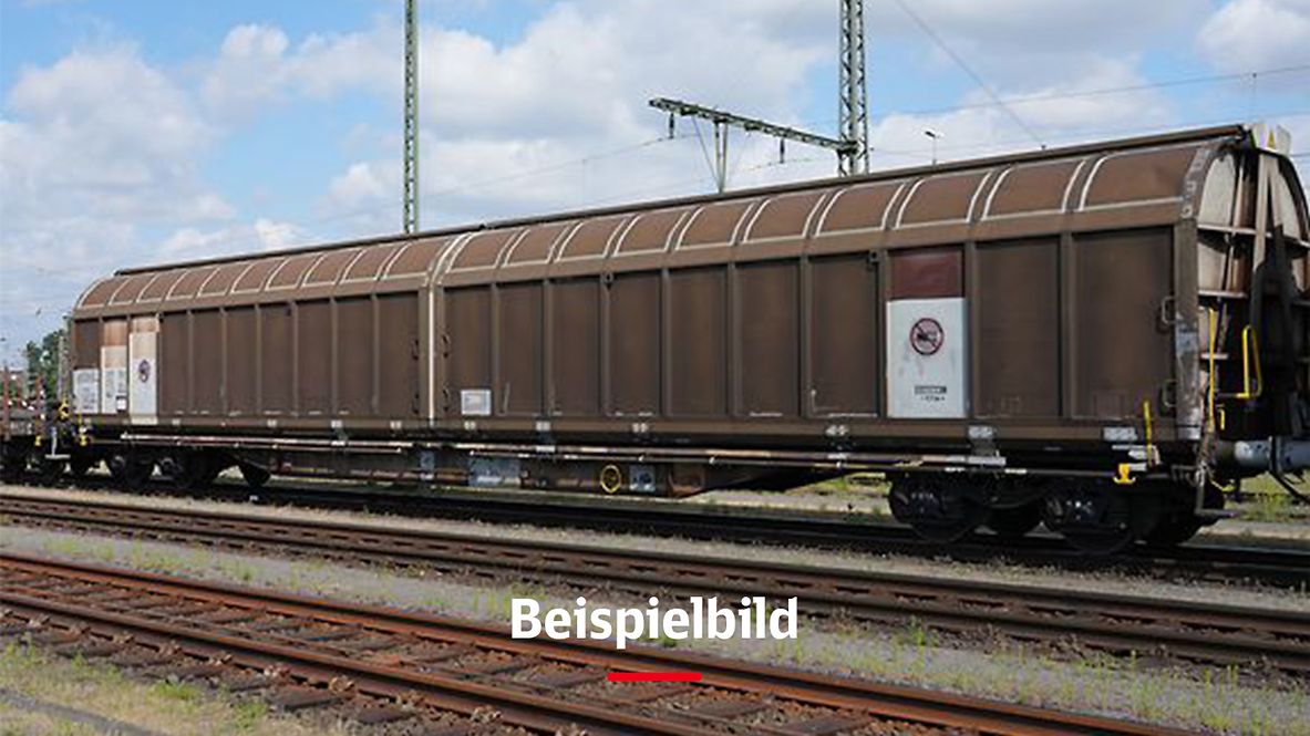 Brauner Güterwaggon mit der Bildunterschrift "Beispielbild"