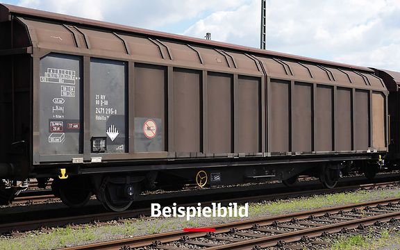 Brauner Güterwaggon mit der Bildunterschrift "Beispielbild"