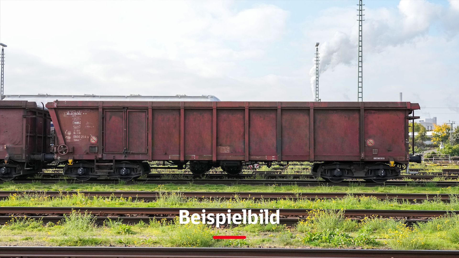 Brauner Güterwaggon mit der Bildunterschrift "Beispielbild"