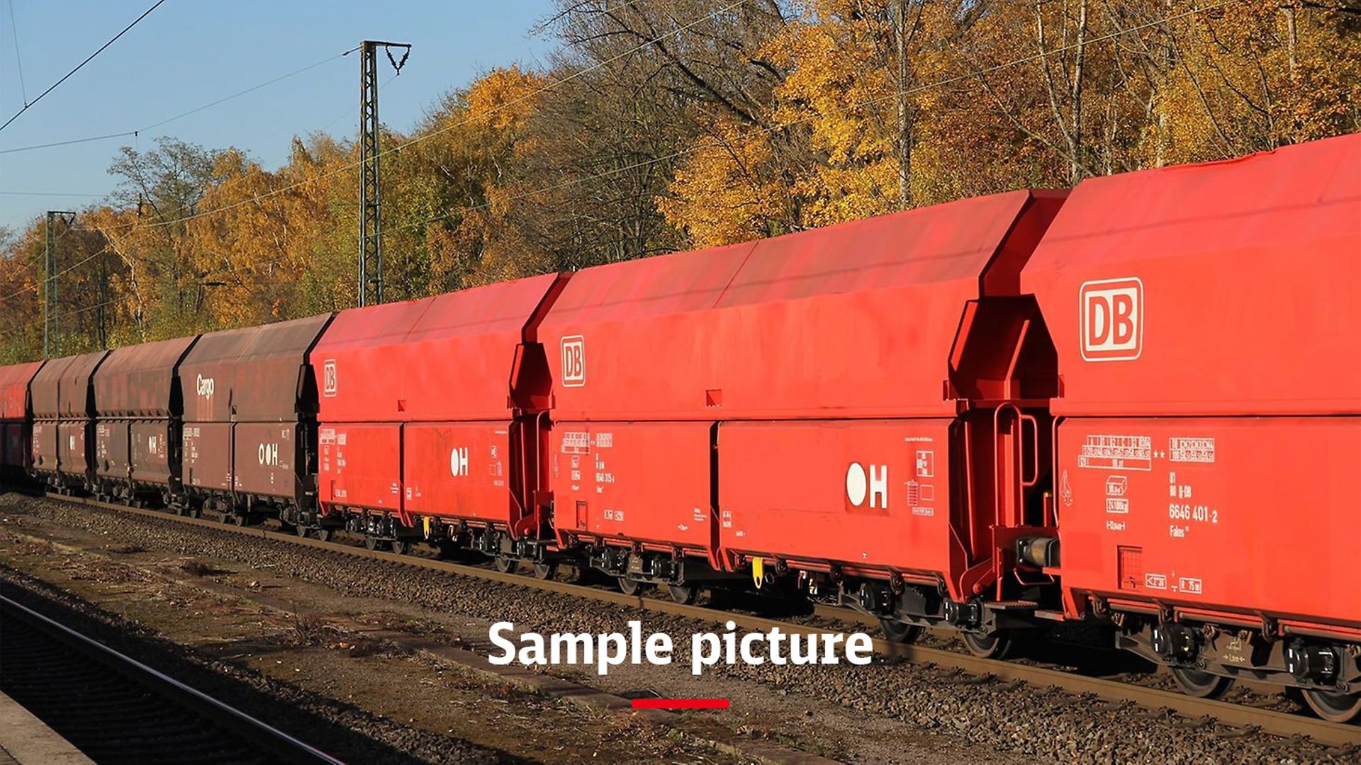 A freight train with red wagons and the signature Sample picture