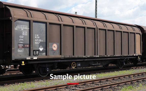 A goods train with brown wagons and the signature Sample picture