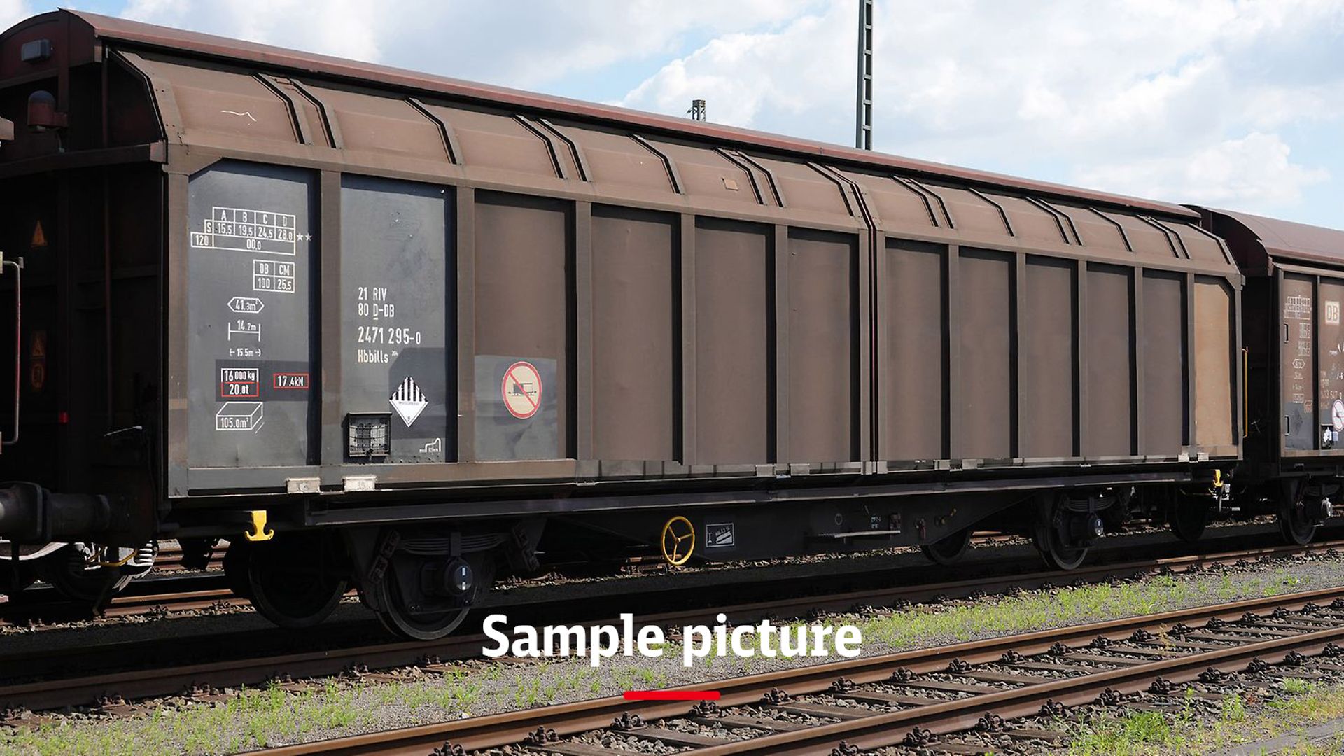 A goods train with brown wagons and the signature Sample picture