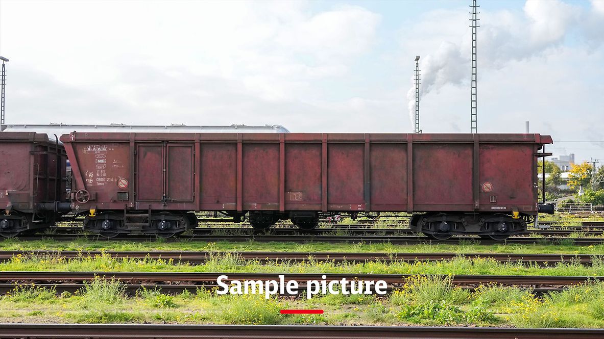 A goods train with brown wagons and the signature Sample picture