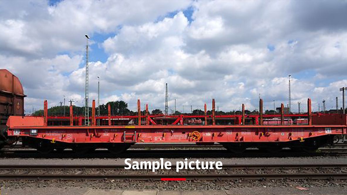 A freight train with red wagons and the signature Sample picture